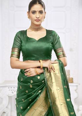 Dark green paithani silk blend saree with gold zari border & peacock pallu 4