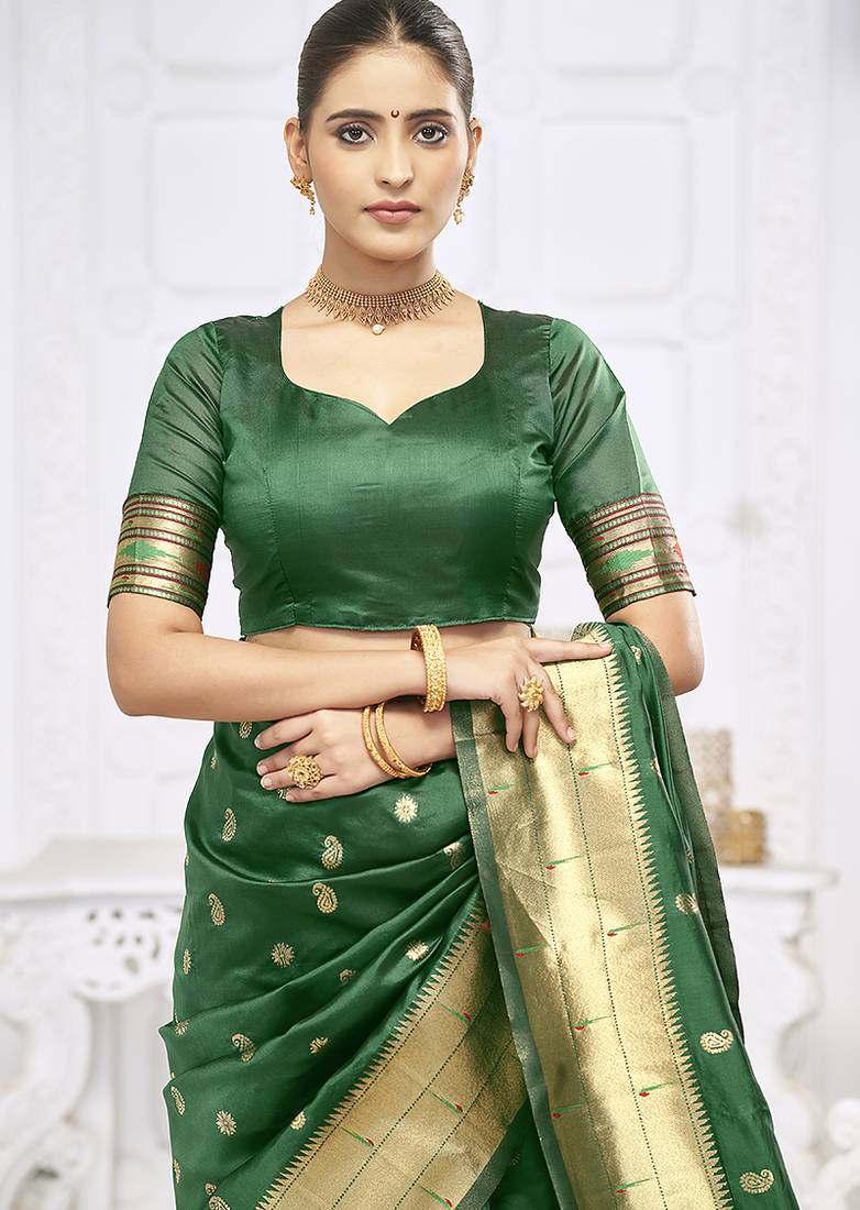 Dark green paithani silk blend saree with gold zari border & peacock pallu