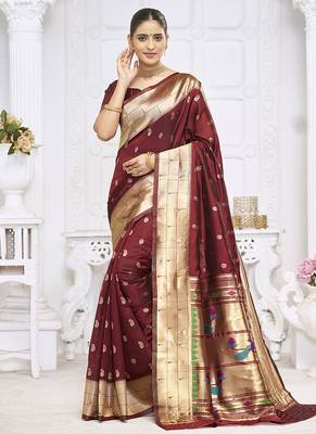 Maroon paithani silk blend saree with gold zari border & peacock pallu 1