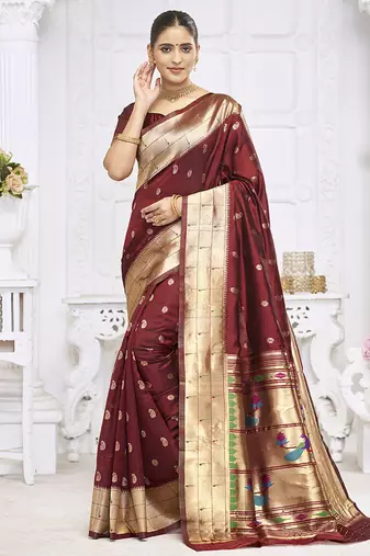 Maroon paithani silk blend saree with gold zari border & peacock pallu