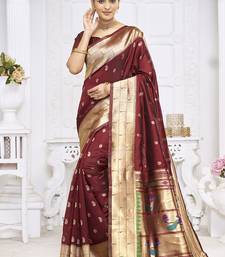 Maroon paithani silk blend saree with gold zari border & peacock pallu