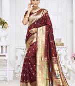 Maroon paithani silk blend saree with gold zari border & peacock pallu