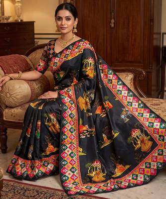 Black Color Printed And Latkan Work Silk Blend Saree 1