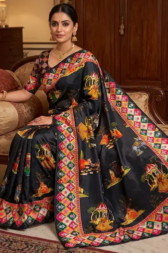 Black Color Printed And Latkan Work Silk Blend Saree