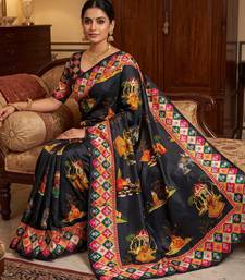 Black Color Printed And Latkan Work Silk Blend Saree