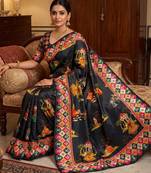 Black Color Printed And Latkan Work Silk Blend Saree