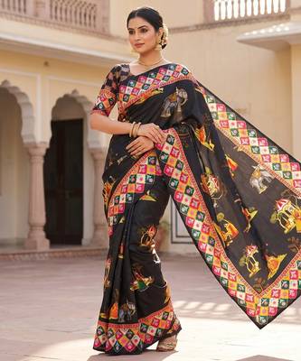 Black Color Printed And Latkan Work Silk Blend Saree 2