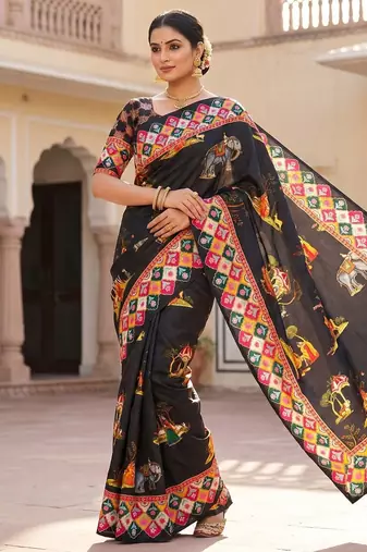 Black Color Printed And Latkan Work Silk Blend Saree