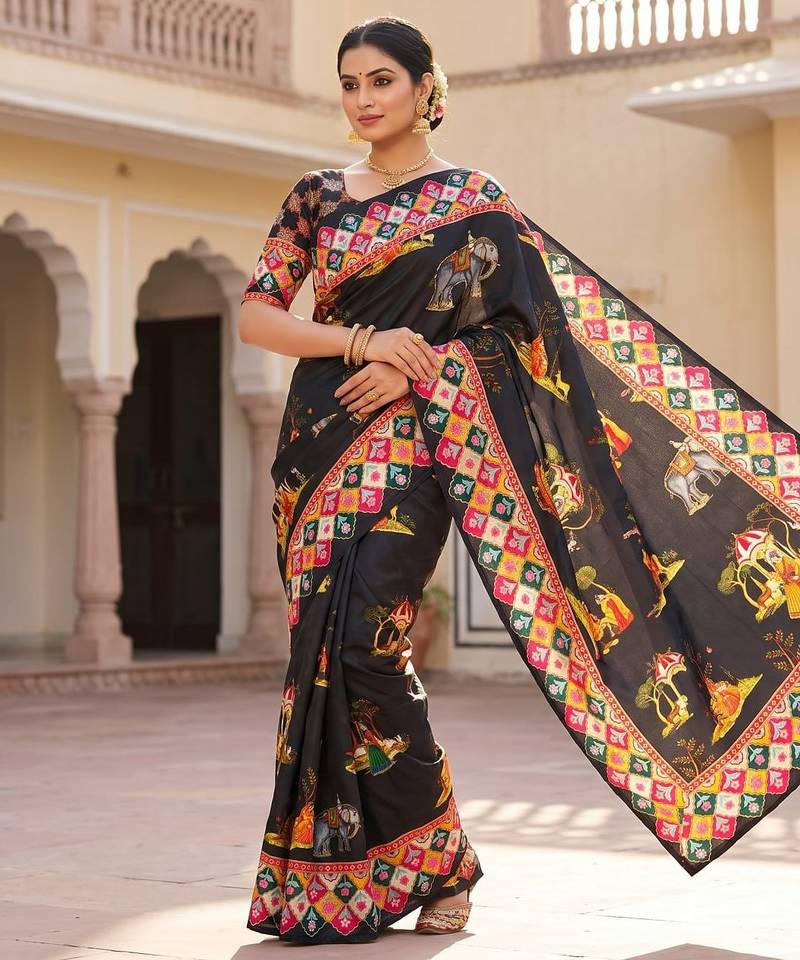Black Color Printed And Latkan Work Silk Blend Saree