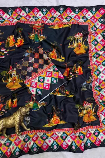 Black Color Printed And Latkan Work Silk Blend Saree