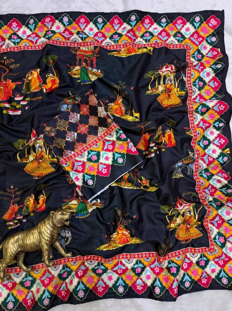 Black Color Printed And Latkan Work Silk Blend Saree