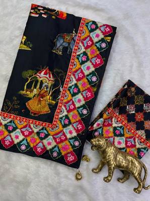 Black Color Printed And Latkan Work Silk Blend Saree 4