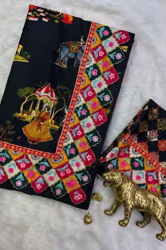 Black Color Printed And Latkan Work Silk Blend Saree