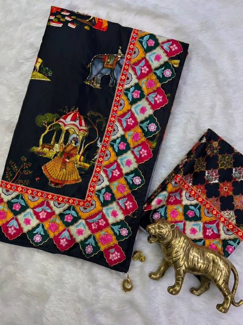 Black Color Printed And Latkan Work Silk Blend Saree