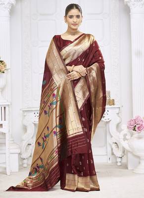 Maroon paithani silk blend saree with gold zari border & peacock pallu 2