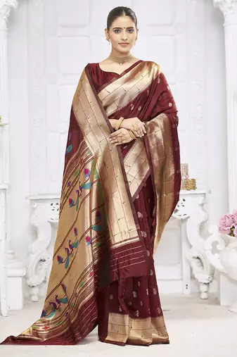 Maroon paithani silk blend saree with gold zari border & peacock pallu