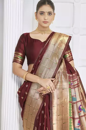 Maroon paithani silk blend saree with gold zari border & peacock pallu