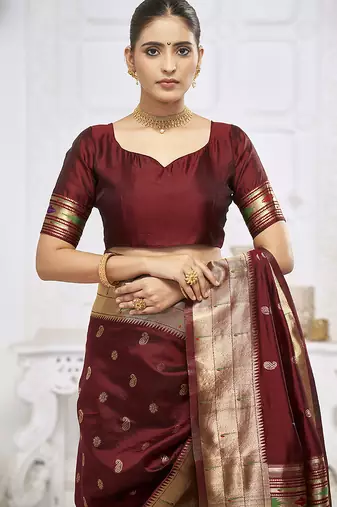 Maroon paithani silk blend saree with gold zari border & peacock pallu