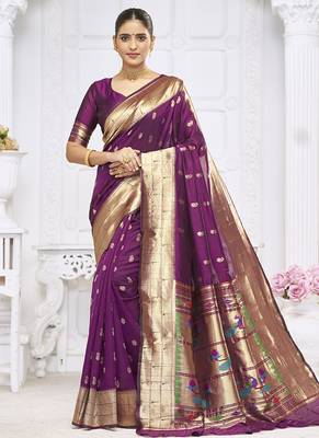Wine purple paithani silk blend saree with gold zari border & peacock pallu 1