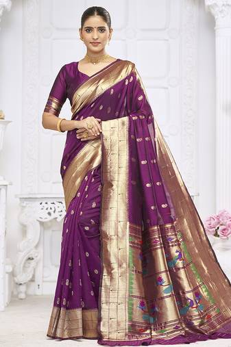 Wine purple paithani silk blend saree with gold zari border & peacock pallu