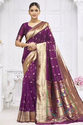 Wine purple paithani silk blend saree with gold zari border & peacock pallu