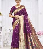 Wine purple paithani silk blend saree with gold zari border & peacock pallu