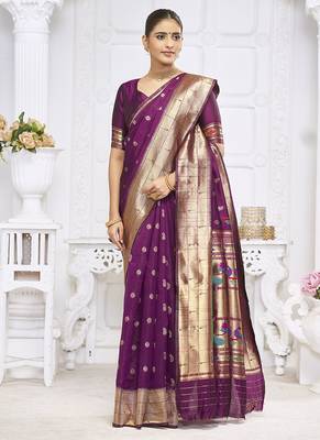 Wine purple paithani silk blend saree with gold zari border & peacock pallu 2