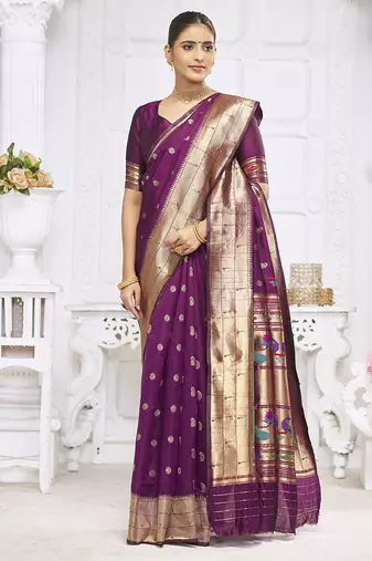 Wine purple paithani silk blend saree with gold zari border & peacock pallu
