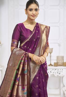 Wine purple paithani silk blend saree with gold zari border & peacock pallu 3