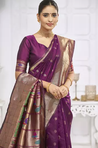 Wine purple paithani silk blend saree with gold zari border & peacock pallu