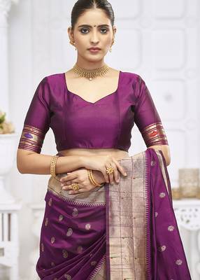 Wine purple paithani silk blend saree with gold zari border & peacock pallu 4
