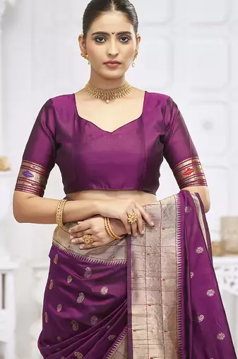 Wine purple paithani silk blend saree with gold zari border & peacock pallu