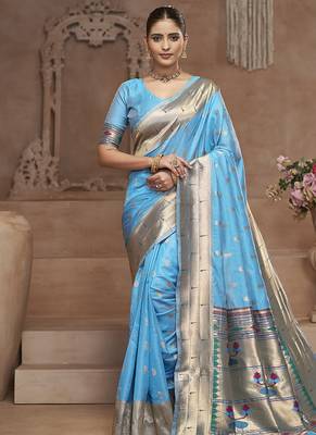 Sky blue paithani silk blend saree with gold zari border & peacock pallu 1