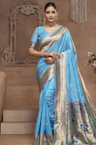 Sky blue paithani silk blend saree with gold zari border & peacock pallu