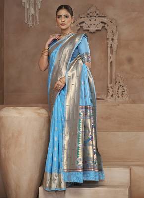 Sky blue paithani silk blend saree with gold zari border & peacock pallu 2