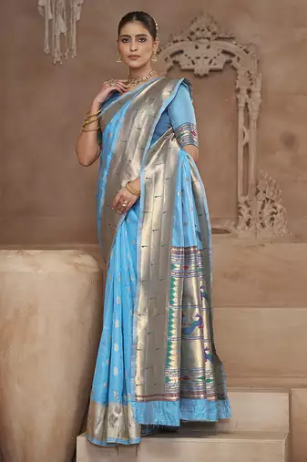 Sky blue paithani silk blend saree with gold zari border & peacock pallu
