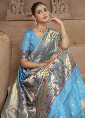 Sky blue paithani silk blend saree with gold zari border & peacock pallu 3