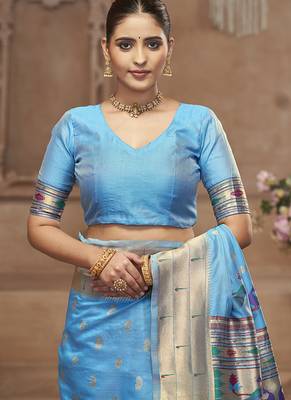 Sky blue paithani silk blend saree with gold zari border & peacock pallu 4