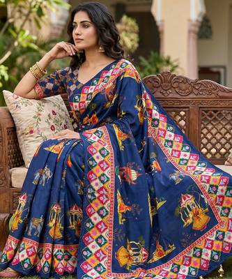 Blue Color Printed And Latkan Work Silk Blend Saree 1