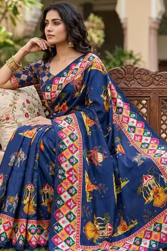 Blue Color Printed And Latkan Work Silk Blend Saree