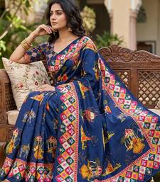 Blue Color Printed And Latkan Work Silk Blend Saree