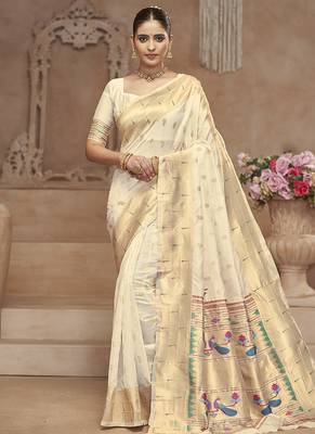 Off white paithani silk blend saree with gold zari border & peacock pallu 1