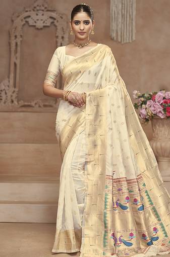 Off white paithani silk blend saree with gold zari border & peacock pallu