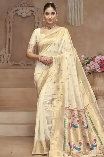 Off white paithani silk blend saree with gold zari border & peacock pallu
