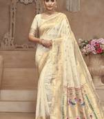 Off white paithani silk blend saree with gold zari border & peacock pallu