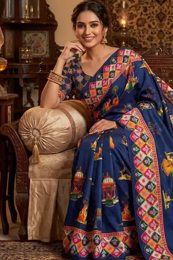 Blue Color Printed And Latkan Work Silk Blend Saree