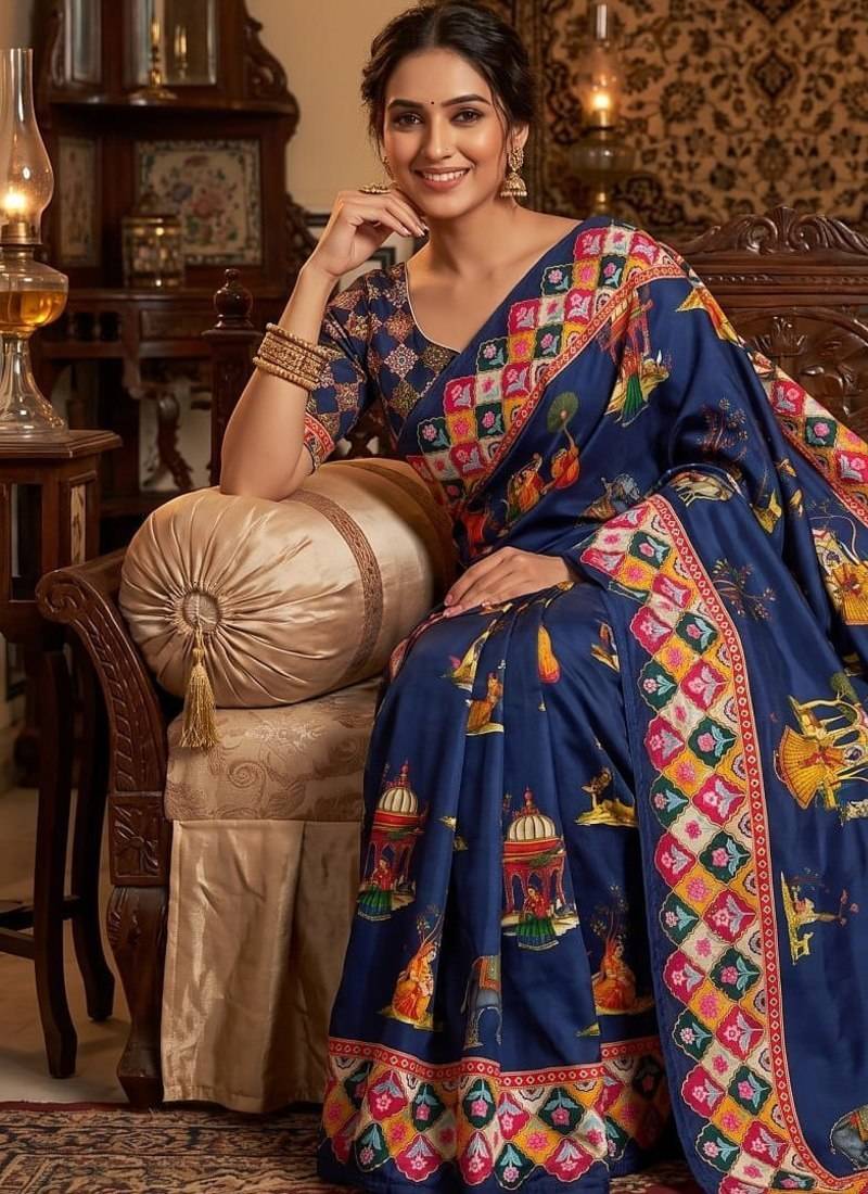 Blue Color Printed And Latkan Work Silk Blend Saree
