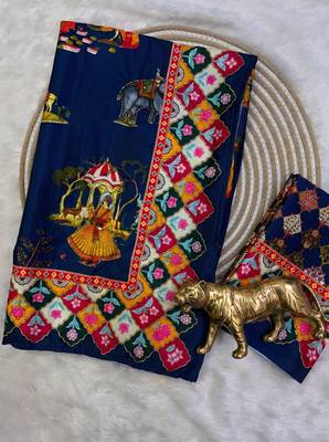 Blue Color Printed And Latkan Work Silk Blend Saree 3