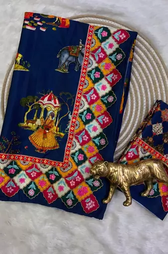 Blue Color Printed And Latkan Work Silk Blend Saree