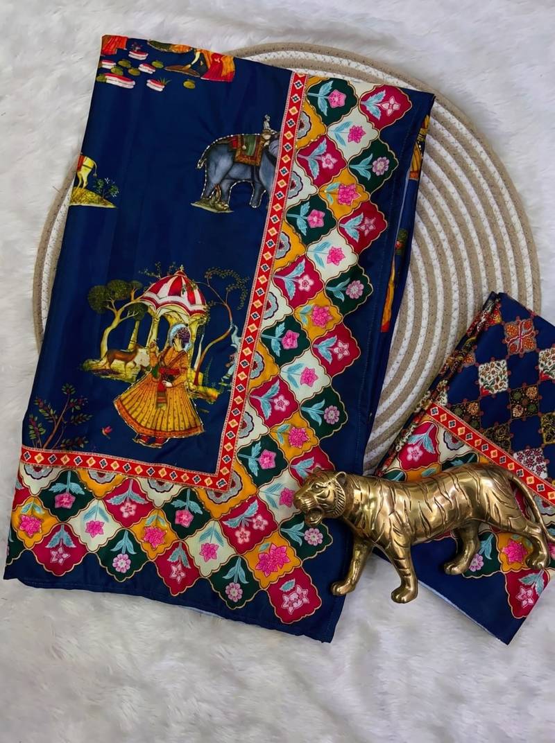 Blue Color Printed And Latkan Work Silk Blend Saree